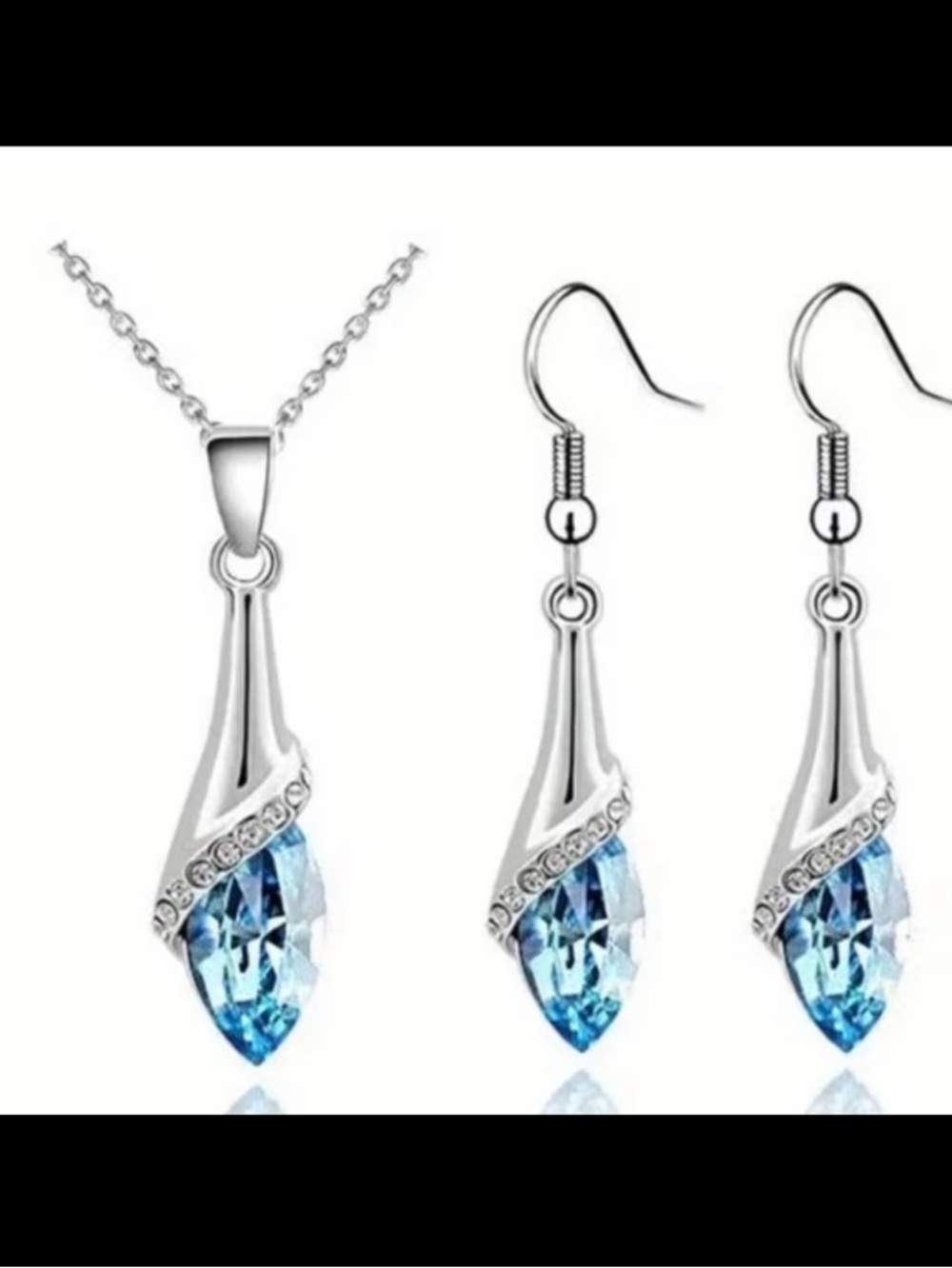 Elegant Blue Crystal Teardrop Necklace & Earrings Set - Silver